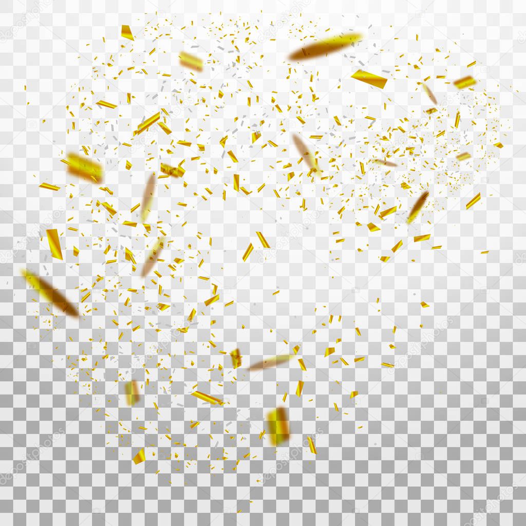 Colorful Golden Confetti. Vector Festive Illustration of Falling Shiny Confetti Isolated on Transparent Checkered Background. Holiday Decorative Tinsel Element for Design