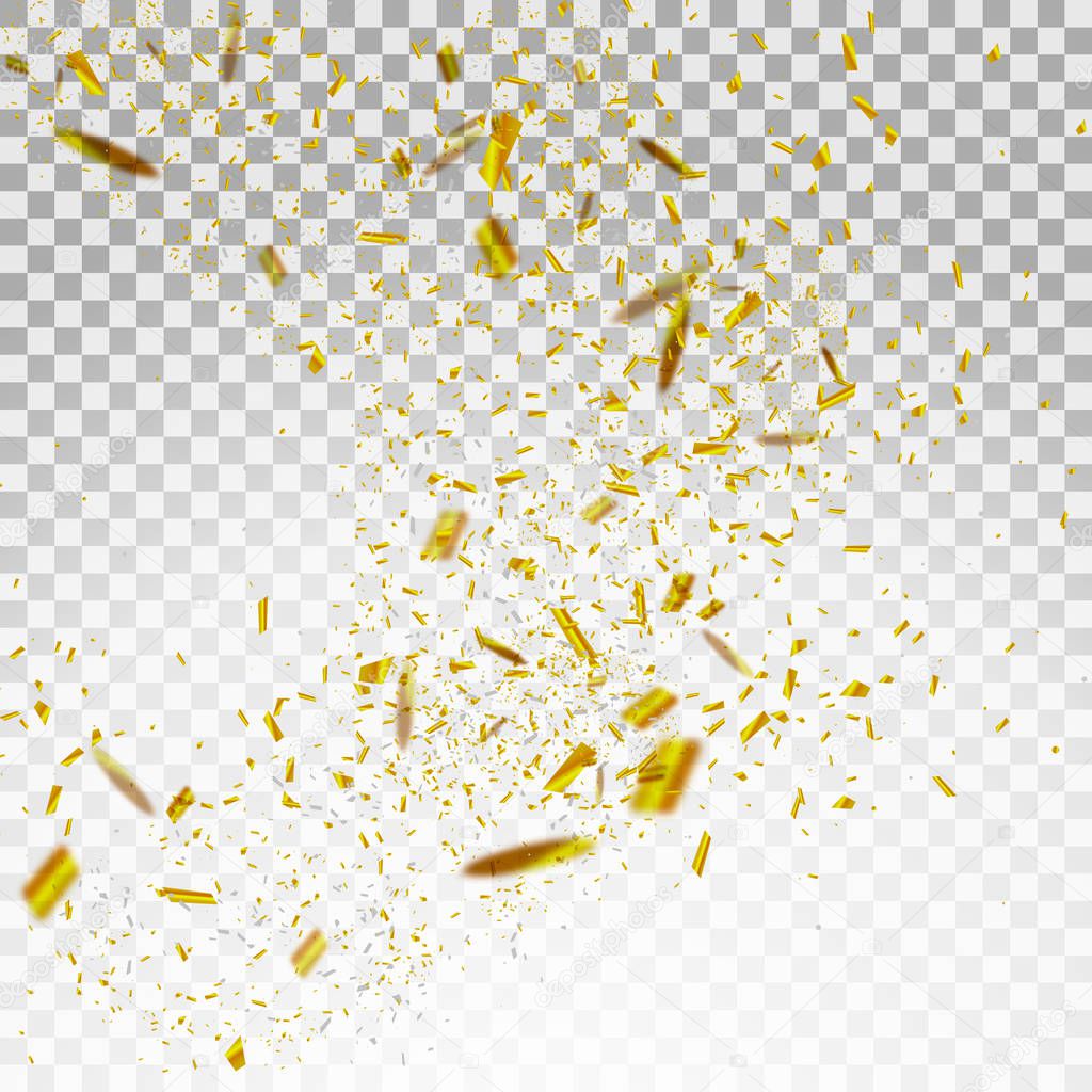 Golden and Silver Confetti. Vector Festive Illustration of Falling Shiny Confetti Glitters Isolated on Transparent Checkered Background. Holiday Decorative Tinsel Element for Design