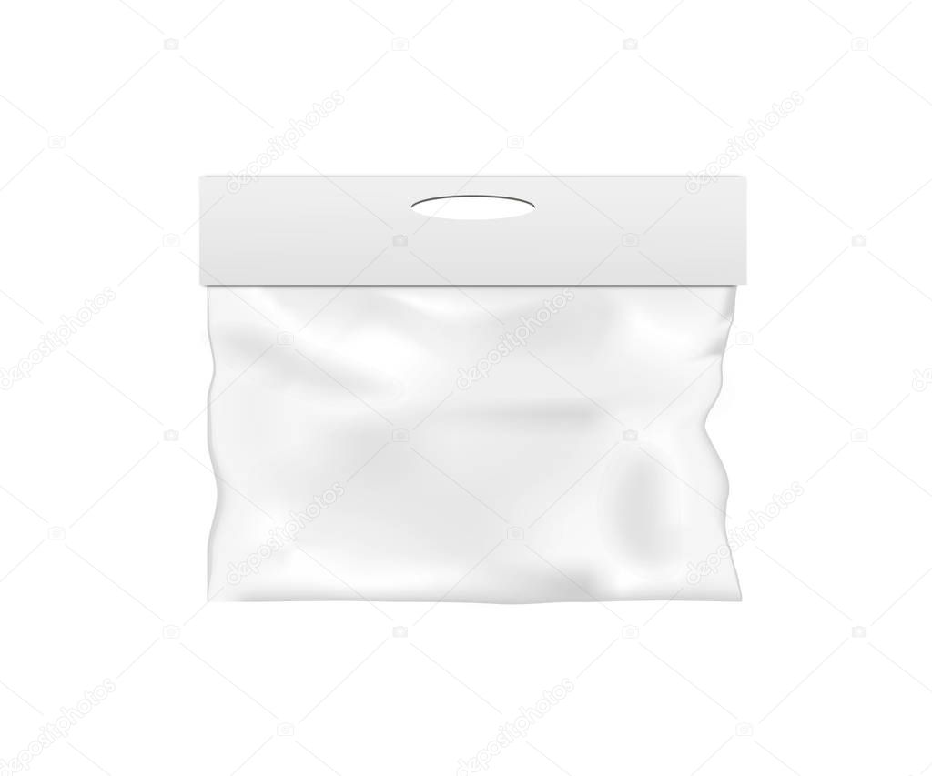 Blank Plastic Pocket Bag. Transparent. With Hang Slot. Illustration Isolated On White Background. Mock Up Template Ready For Your Design. Vector