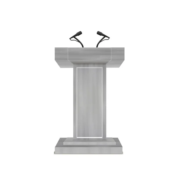 Vector White Podium Tribune Rostrum Stand with Microphones Isolated — Stock Vector