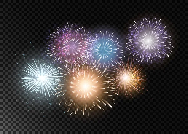 Conjunto de fuegos artificiales vectoriales aislados sobre un fondo transparente . — Archivo Imágenes Vectoriales