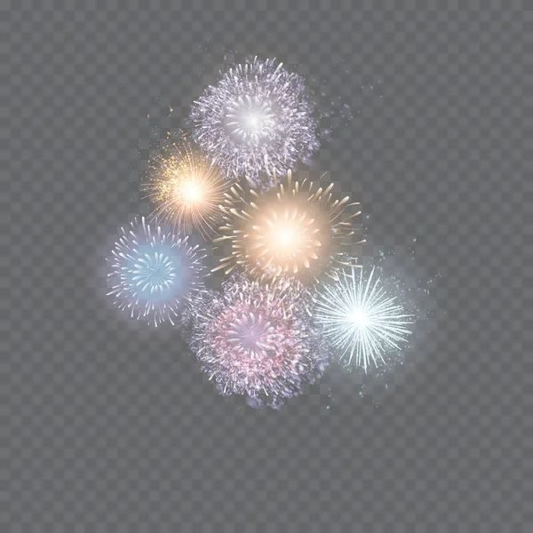 Set di fuochi d'artificio vettoriali isolati su sfondo trasparente . — Vettoriale Stock