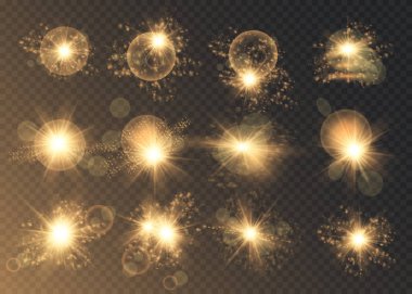 Hazır ol. Parlayan yıldız, güneş parçacıkları ve parlak bir efektle kıvılcımlar, altın bokeh ışıkları parıltı ve pullar. Koyu bir arka planda şeffaf. Vektör, EPS10