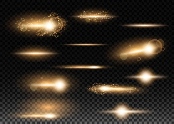 เซต ดาวส่องแสง, อนุภาคดวงอาทิตย์และประกายไฟที่มีผลไฮไลท์, แสงสีทอง bokeh แวววาวและ sequins บนพื้นหลังที่มืดโปร่งใส เวกเตอร์, EPS10 — ภาพเวกเตอร์สต็อก