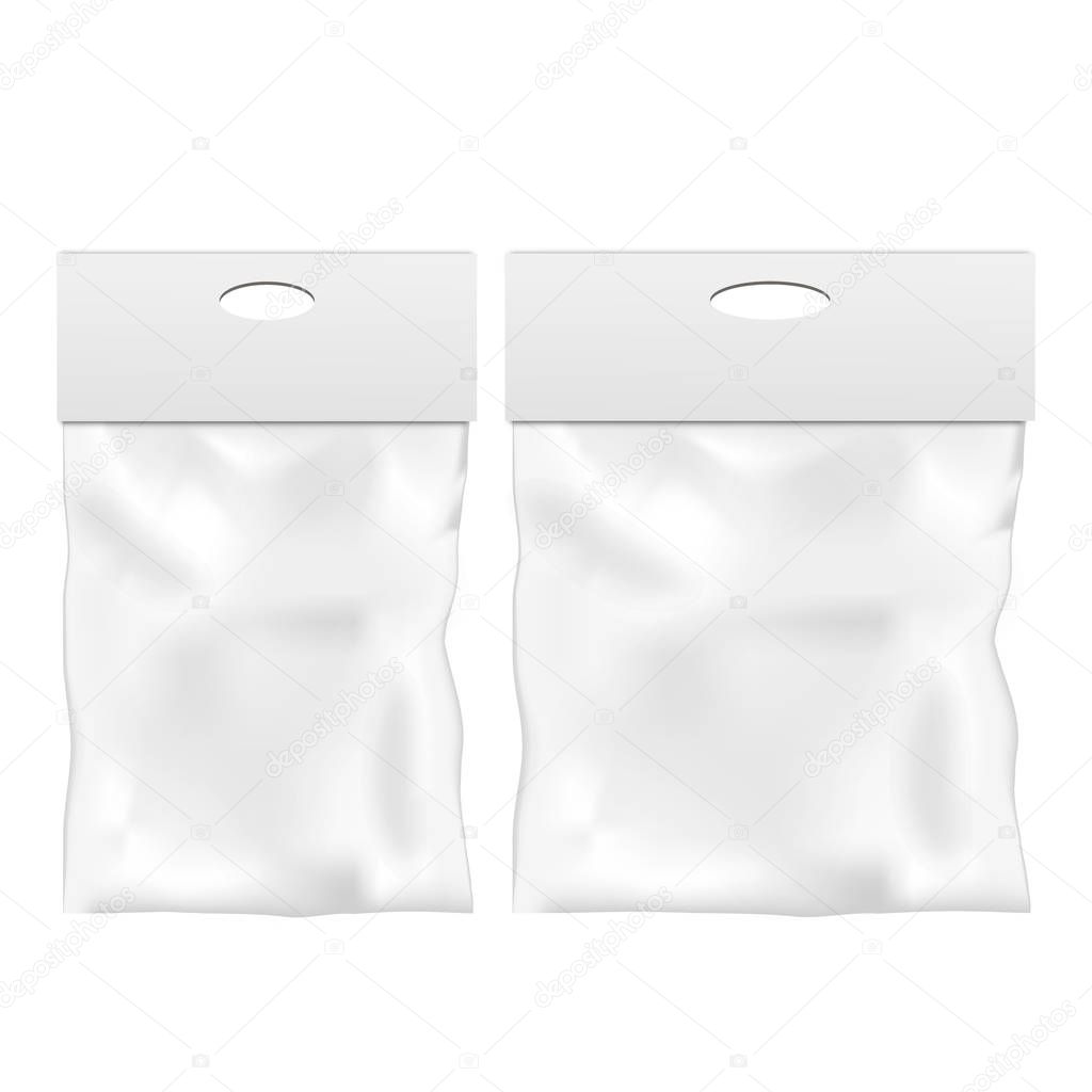 Blank Plastic Pocket Bag. Transparent. With Hang Slot. Illustration Isolated On White Background. Mock Up Template Ready For Your Design. Vector