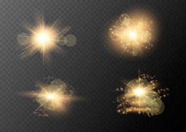 Hazır ol. Parlayan yıldız, güneş parçacıkları ve parlak bir efektle kıvılcımlar, altın bokeh ışıkları parıltı ve pullar. Koyu bir arka planda şeffaf. Vektör, EPS10