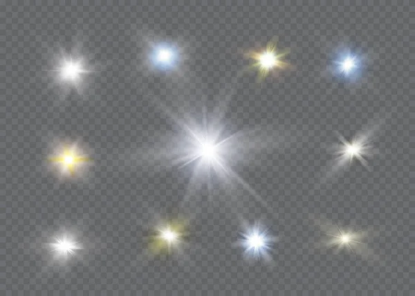 Ragyogó fényhatás. Csillagkitörés csillagokkal.Nap. — Stock Vector