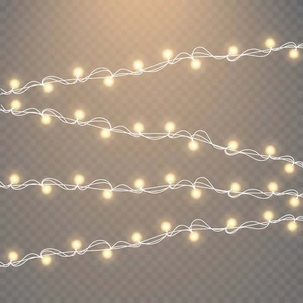 Noel ışıkları üzerinde şeffaf arka plan izole. Altın xmas parlayan garland kümesi. Vektör çizim