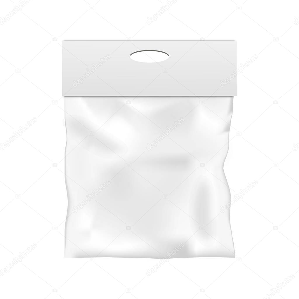 Blank Plastic Pocket Bag. Transparent. With Hang Slot. Illustration Isolated On White Background. Mock Up Template Ready For Your Design. 