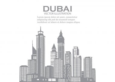 Dubai şehir silüetinin manzara gökyüzü arka planda. Vektör çizim. İş kavramı modern binalar ile seyahat ve Turizm. Görüntü başlık sayfası veya web sitesi için.