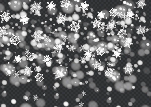 Efecto de caída vectorial de nieve aislado sobre fondo transparente con bokeh borroso . — Vector de stock