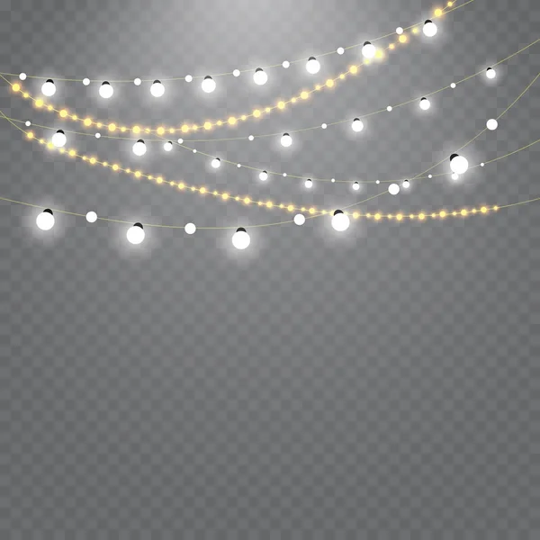 Christmas lights isolated on transparent background. Set of golden xmas glowing garland. Vector illustration — Stock Vector