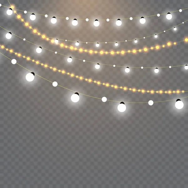 Noel ışıkları üzerinde şeffaf arka plan izole. Altın xmas parlayan garland kümesi. Vektör çizim