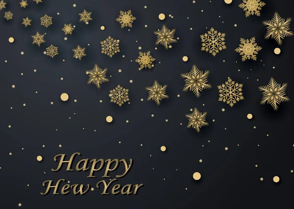 Metin Noel topları ve kar taneleri için alan renk düzeni mutlu yeni yıl altın ve siyah. Altın bokeh, ışık ve kurdeleler. Vektör çizim — Stok Vektör