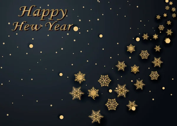 Layout Feliz Ano Novo espaço de cor dourada e preta para texto bolas de Natal, e flocos de neve. Bokeh dourado, luz e fitas. Ilustração vetorial —  Vetores de Stock