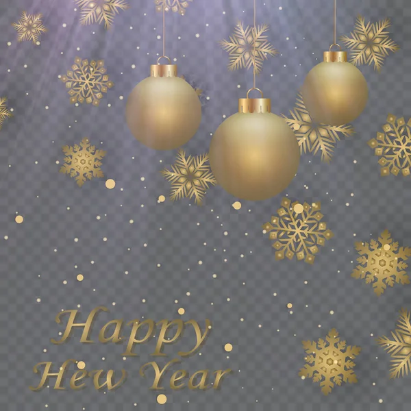 Layout Happy New Year gouden en zwarte kleur ruimte voor tekst kerstballen en sneeuwvlokken. Gouden bokeh, licht en linten. Vectorillustratie — Stockvector