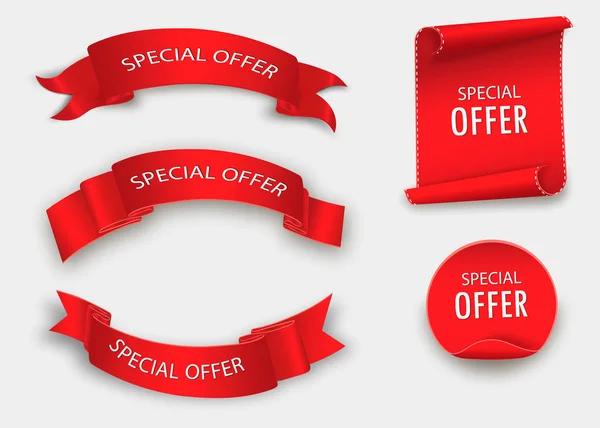 Speciale aanbieding vector lint. Rode scroll. Banner verkoop label. Markt speciale aanbieding korting. — Stockvector
