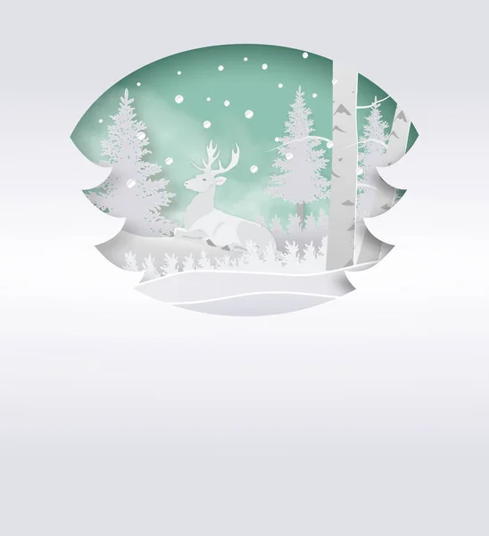 Veado na floresta com neve na temporada de inverno e estilo de arte de papel christmas.vector. —  Vetores de Stock