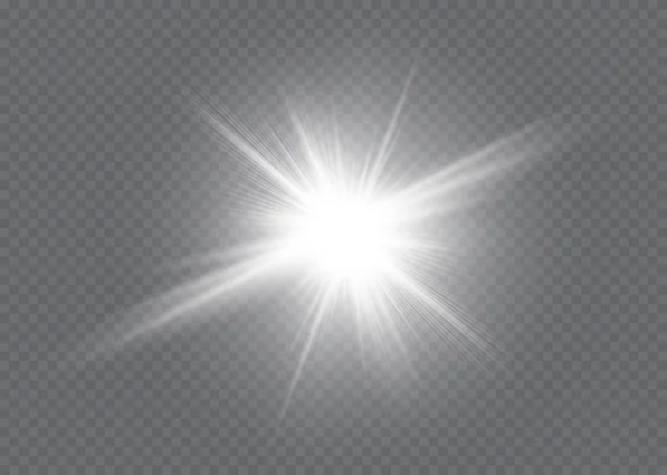 A fehér ragyogó fény átlátszó háttérrel robban fel. A fénydekorációs hatás vektoros ábrázolása sugárral. Fényes csillag. — Stock Vector
