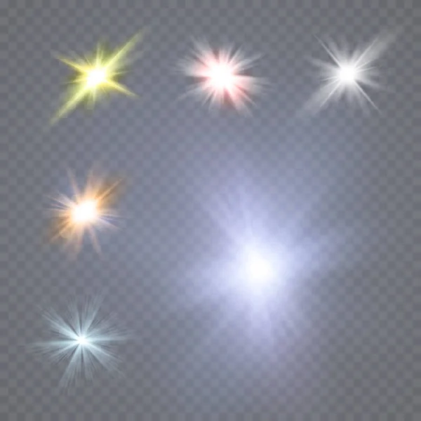 Wit gloeiend licht explodeert op een transparante achtergrond. Vector illustratie van licht decoratie effect met straal. Heldere ster. — Stockvector