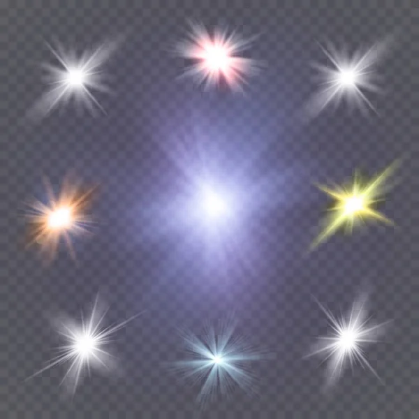 Wit gloeiend licht explodeert op een transparante achtergrond. Vector illustratie van licht decoratie effect met straal. Heldere ster. — Stockvector