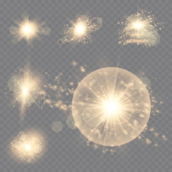 La luz blanca brillante explota sobre un fondo transparente. Ilustración vectorial del efecto de decoración de luz con rayo. Estrella brillante. — Vector de stock
