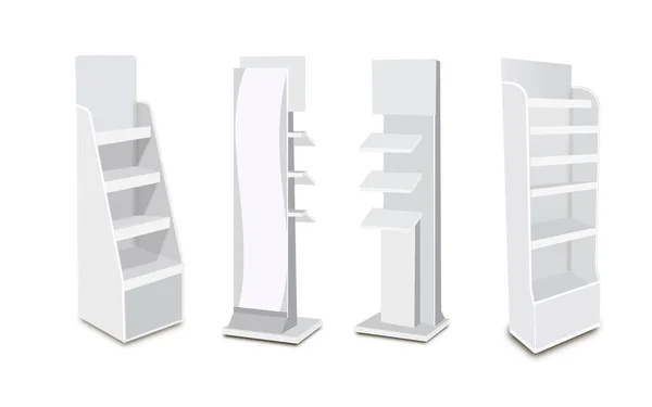 Exhibiciones vacías largas blancas del escaparate en blanco con los estantes al por menor. Productos 3D sobre fondo blanco aislado. Listo para su diseño Avy Scott — Archivo Imágenes Vectoriales