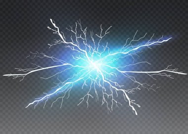 Bir dizi yıldırım büyüsü ve parlak ışık efektleri. Vektör çizimi. Elektrik akımını boşalt.