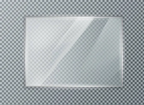 Glasplatte auf transparentem Hintergrund. Acryl und Glas Textur mit grellen und Licht. realistisches transparentes Glasfenster im Rechteckrahmen. — Stockvektor