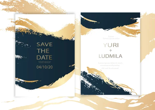 Lüks altın ve koyu mavi mermer arka plan desenli davetiye kartları ve düğün, yeni yıl ve etkinlikler için soyut okyanus tarzı vektör şablonu.