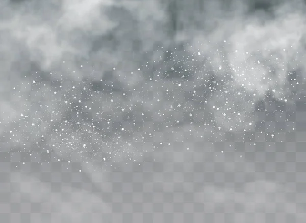 Падение снега на прозрачном фоне. Снежные тучи или саваны. Туман, снег. Абстрактный фон снежинки. Падение снега. Векторный иллюстратор 10 EPS. — стоковый вектор