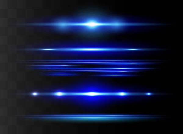 Blue horizontal lens flares pack. Laser beams, horizontal light rays.Beautiful light flares. Glowing streaks on dark background. — Stock Vector