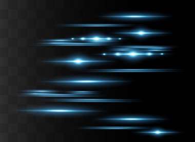 Mavi yatay mercek fişeği paketi. Lazer ışınları, yatay ışık ışınları. Çok güzel ışık parlamaları. Koyu arkaplanda parlayan çizgiler.