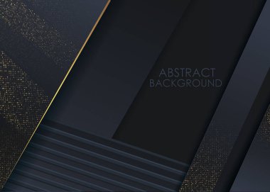 Parıltılı soyut 3D lüks siyah arka plan. Altın noktalı siyah pankart. Vektör arkaplanı.