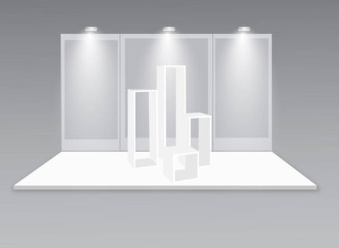 3D sergi standı. Masası olan beyaz, boş bir tanıtım standı. Vektör beyaz, boş geometrik kare. Sunum odası görüntüsü. Boş kutu şablonu