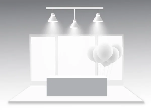 3D-Ausstellungsstand. weißer leerer Werbeständer mit Schreibtisch. Vektor weißes leeres geometrisches Quadrat. Präsentation Veranstaltungsraum Anzeige. leere Box-Vorlage — Stockvektor