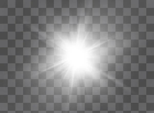 A luz branca que brilha explode sobre um fundo transparente. Ilustração vetorial do efeito de decoração de luz com raio. — Vetor de Stock