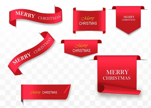 Feliz fondo de celebración de Navidad con bandera de cinta realista roja. Ilustración vectorial . — Vector de stock