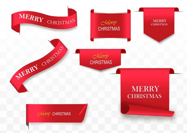 Merry Christmas celebration background with red realistic ribbon banner . Vector illustration. — Stock Vector