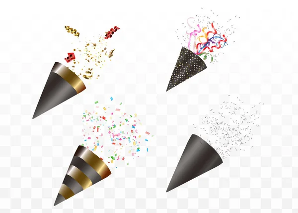 Party popper elszigetelt. Arany konfetti. Vektoros illusztráció. Boldog születésnapot koncepció. — Stock Vector