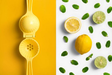 Limon meyve sıkacağı. Split yandan basın arka plan limon ile renkli
