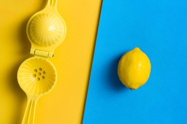 Limon ve meyve sıkacağı, sıkacağı zıt üzerinde arka plan renkli.