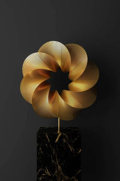 Реалістична Візуалізація Розкішної Сучасної Фрактальної Мандалової Скульптури Золота Встановленої Чорному — стокове фото