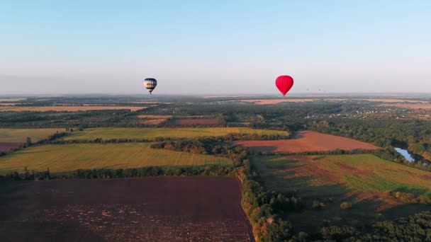 Beautiful Red Balloon Flies Evening River City — Stockvideo