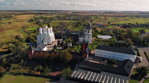 Vacker Utsikt Över Zimnensky Svyatogorsky Kloster Uppifrån Över Kupoler Och — Stockvideo