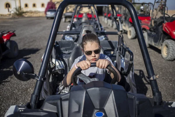 Gri tişörtlü, at arabasında oturan yakışıklı bir çocuğun portresi. Güneş gözlüklü çocuk. Eğlenceliydi. Mısır 'da turistler için gezintiler.