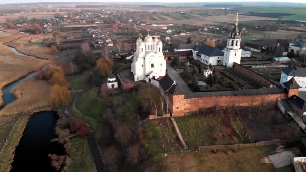 Vacker Utsikt Över Zimnensky Svyatogorsky Kloster Uppifrån Över Kupoler Och — Stockvideo