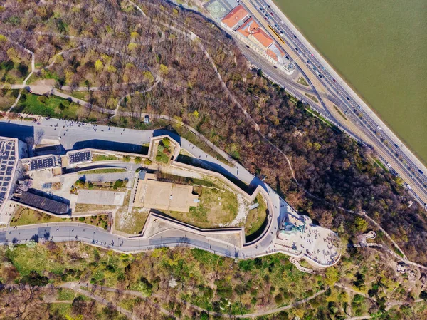 Krásný Výhled Vrcholu Dne Citadelu Gellertově Hoře Horní Pohled Budapešť — Stock fotografie