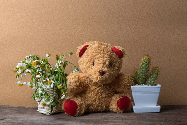 Cesta de flores secas y un osito de peluche con macetas de cactus sobre mesa de madera con fondo de papel marrón viejo — Foto de Stock