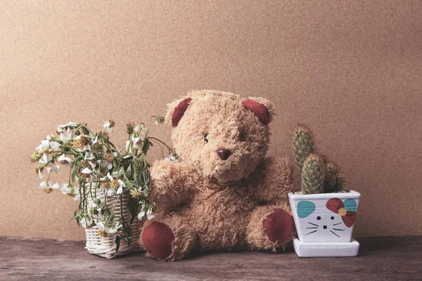 Cesta de flores secas y un osito de peluche con macetas de cactus sobre mesa de madera con fondo de papel marrón viejo, vintage y pastel . — Foto de Stock